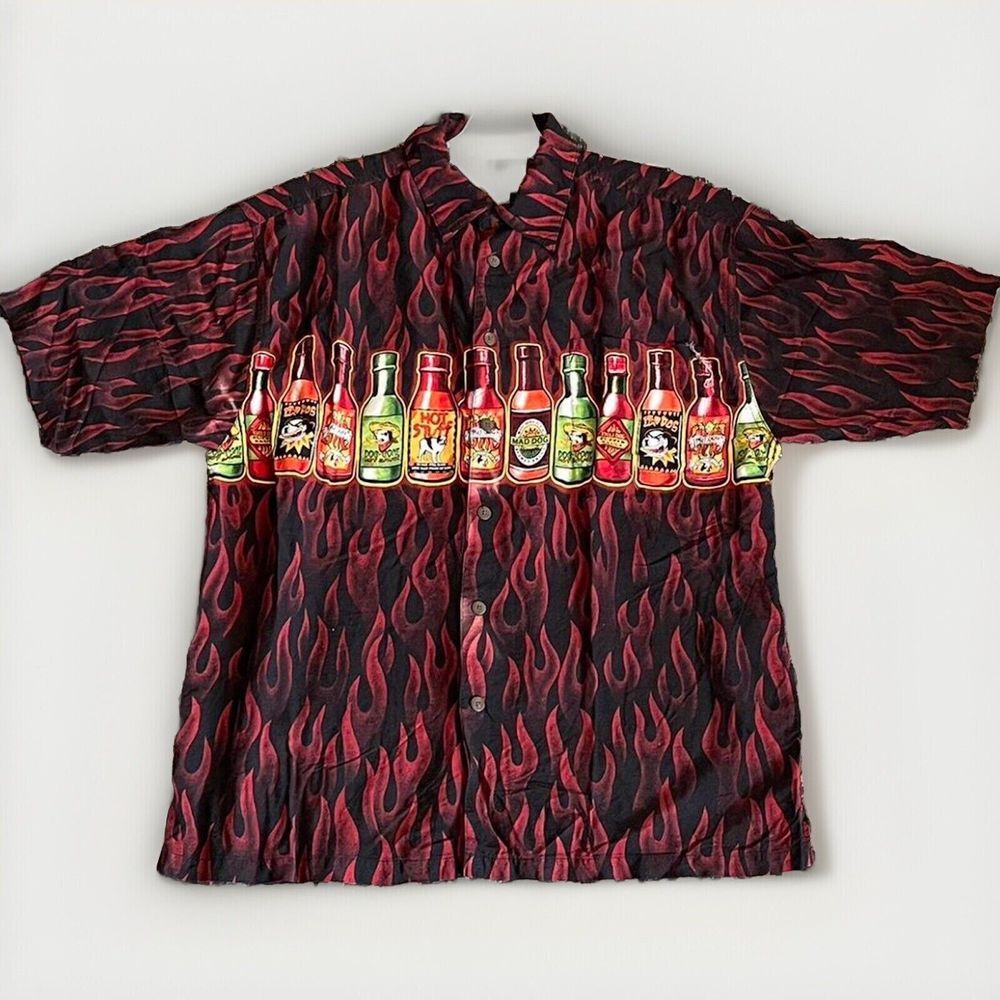 Vintage BIG DOGS Shirt Adult S-M Red Black Flames All Over Print HOT SAUCE